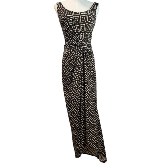 Lauren Ralph Lauren Geometric Print Maxi Dress Size 4 | Black & Cream Knot Front - Picture 1 of 9